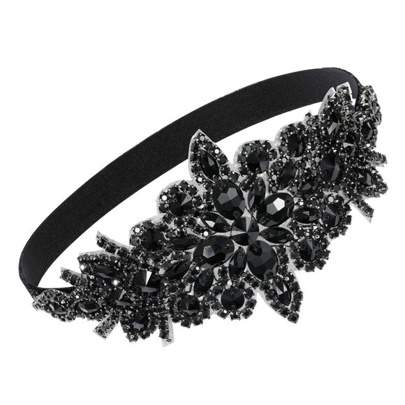 Black Rhinestone Flapper Headband Elastic 1920s Hair Accessories for Women - Picture 2 of 7